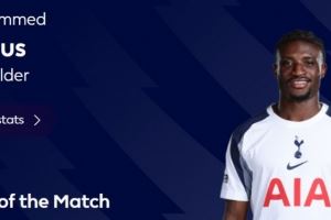 传射建功，英超官方：库杜斯当选热刺2-1利兹联全场最佳球员